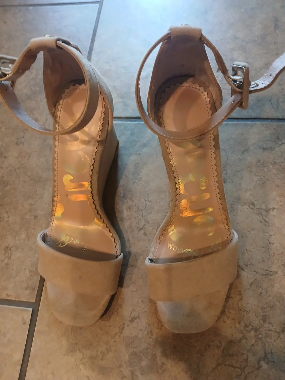 Circus by Sam Edelman Beige Suede Wedge Sandals with Ankle Strap